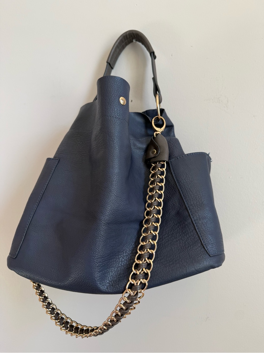 Navy Leather Shoulder Bag with Gold Chain